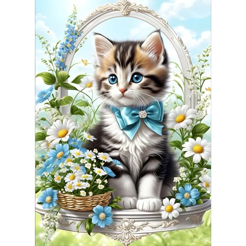 GDYEEH Kätzchen Diamond Painting Erwachsene, 5D Katze Diamant Painting Bilder Anfänger, DIY Blumenkorb Runder Vollbohrer Diamanten Malerei Stickerei Kreuzstich Geschenke Home Wand Dekor 30x40cm von GDYEEH