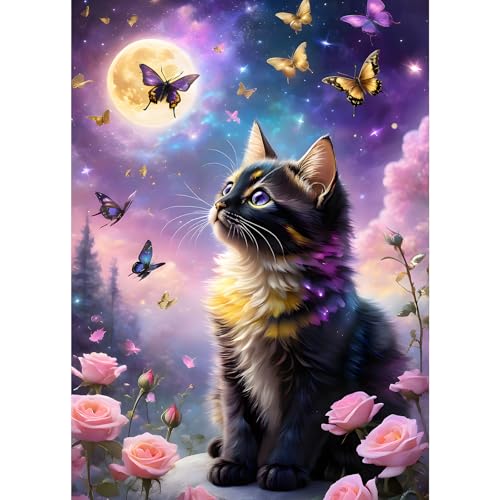 GDYEEH Kätzchen Diamond Painting Erwachsene, 5D Mond Katze Diamant Kunst Bilder Anfänger, DIY Schmetterling Runder Vollbohrer Diamanten Malerei Stickerei Kreuzstich Geschenke Home Wand Dekor 30x40cm von GDYEEH