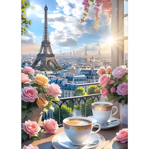 GDYEEH Kaffee Diamond Painting Erwachsene, 5D Blumen Diamant Painting Bilder Anfänger, DIY Eiffelturm Runder Vollbohrer Diamanten Malerei Stickerei Kreuzstich Geschenke Home Wand Dekor 30x40cm von GDYEEH