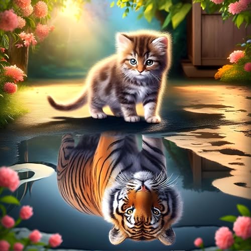 GDYEEH Katze und Tiger Diamond Painting Erwachsene, 5D Spiegelung Diamant Kunst Bilder Anfänger, DIY Fantasie Runder Vollbohrer Diamanten Malerei Stickerei Kreuzstich Geschenke Home Wand Dekor 30x30cm von GDYEEH