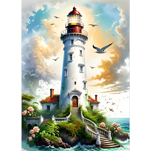 GDYEEH Leuchtturm Diamond Painting Erwachsene, 5D Möwe Diamant Painting Bilder Anfänger, DIY Blumen Runder Vollbohrer Diamanten Malerei Stickerei Kreuzstich Geschenke Home Wand Dekor 30x40cm von GDYEEH