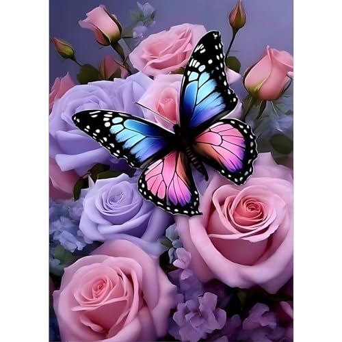 GDYEEH Rose Blumen Diamond Painting Erwachsene, 5D Schmetterling Diamant Painting Bilder Anfänger, DIY Runder Vollbohrer Diamanten Malerei Stickerei Kreuzstich Geschenke Home Wand Dekor 30x40cm von GDYEEH