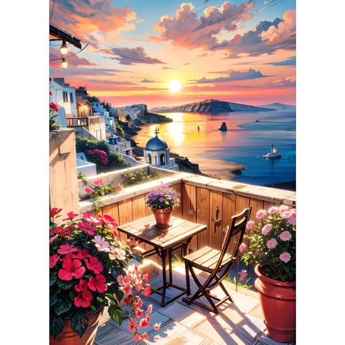 GDYEEH Santorin Diamond Painting Erwachsene, 5D Sonnenuntergang Diamant Painting Bilder Anfänger, DIY Blumen Runder Vollbohrer Diamanten Malerei Stickerei Kreuzstich Geschenke Home Wand Dekor 30x40cm von GDYEEH