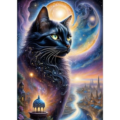 GDYEEH Schwarze Katze Diamond Painting Erwachsene, 5D Katze Diamant Kunst Bilder Anfänger, DIY Sternenhimmel Runder Vollbohrer Diamanten Malerei Stickerei Kreuzstich Geschenke Home Wand Dekor 30x40cm von GDYEEH