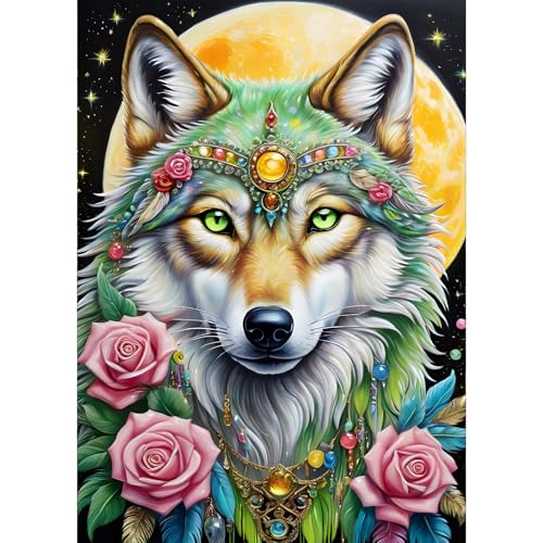 GDYEEH Wolf Diamond Painting Erwachsene, 5D Rose Moon Diamant Kunst Bilder Anfänger, DIY Fantasie Wolf Runder Vollbohrer Diamanten Malerei Stickerei Kreuzstich Geschenke Home Wand Dekor 30x40cm von GDYEEH