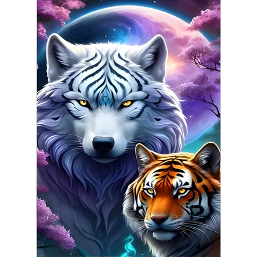 GDYEEH Wolf und Tiger Diamond Painting Erwachsene, 5D Mond Diamant Painting Bilder Anfänger, DIY Traumland Runder Vollbohrer Diamanten Malerei Stickerei Kreuzstich Geschenke Home Wand Dekor 30x40cm von GDYEEH