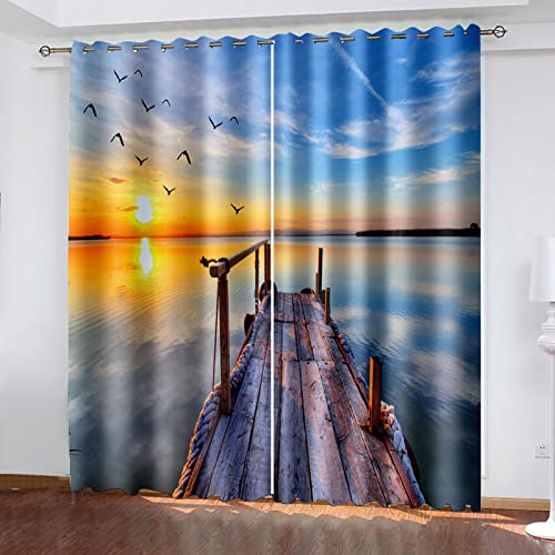 GDYRBY Thermovorhang Mit Ösen Schlaufen 3D Sonnenuntergang An Den Stränden des Ozeans Muster Verdunkelungsvorhang Kinderzimmer Mädchen Junge Schlafzimmer Gardinen 200X214Cm Modern Vorhang Blickdicht von GDYRBY