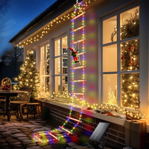 GEARLITE Weihnachtsbeleuchtung Außen, 4M Weihnachtsdeko Solar Leiter Leuchten mit Weihnachtsmann, Zwei Lademodi & 10 Lichtmodi Solar Lichterketten Außen, IP65 Wasserdicht Weihnachten Deko Solarlampen von GEARLITE