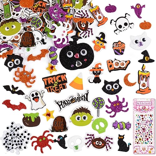 (251pcs) 150 Stk Halloween Schaumstoff Aufkleber + 100 Stk Wackelaugen + 1 Blatt selbstklebende Glitzersteine Glitzer Schaum Sticker Moosgummi Bastelaufkleber für Kinder Party zum Dekoriere Basteln von GEBETTER