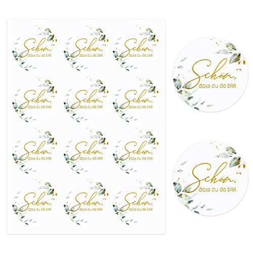 120 Stk 4cm Schön dass du da bist Aufkleber Rund Selbstklebend Sticker Hochzeit Gastgeschenke Deko für Geburtstag Taufe Kommunion Konfirmation (Blätter) von GEBETTER