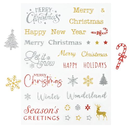 165 Stück Sticker Glitzer Merry Christmas Happy New Year Schneeflocken Aufkleber Weihnachts Etiketten Gold Silber Rot Selbstklebend zum Basteln Weihnachten Geschenk Deko Xmas Weihnachtsdeko von GEBETTER