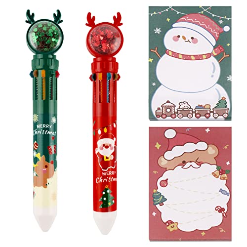 2* 10-in-1 Weihnachten Kugelschreiber + 2* Haftnotizen schöner Mitgebsel einziehbarer 10 farben Mehrfarbig Stifte Druckstift Multifunktionsmarker Multicolor Farbwechselstifte für Schüler Geschenk von GEBETTER