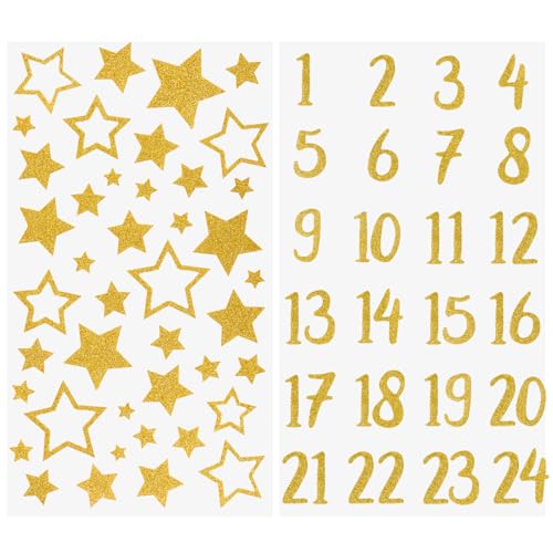 2 Blatt Adventskalender Aufkleber Glitzer Zahlen 1-24 Sterne Sticker für Weihnachten Kalender zum basteln selbstklebend Dekoration Etiketten Weihnachtskalender Nummern für Papiertüten (Gold 2) von GEBETTER