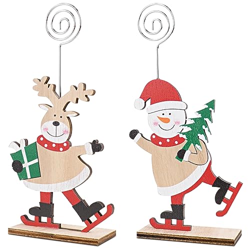 GEBETTER 2 Stück Kartenhalter Holz Weihnachten 17*8,5*3cm Schneemann Elch Tischkartenhalter Fotohalter Postkartenhalter Fotoständer Photocard Holder für Menükarten Namensschilder Platzkarten Fotos von GEBETTER