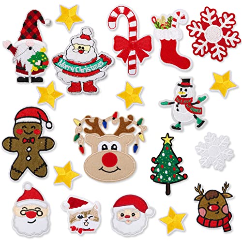 20 Stk Aufnäher zum Aufnähen und Aufbügeln + 1* Nähsets für Weihnachten Weihnachtsmann Applikationen Schneemann Aufbügel Patches Hirsch Aufbügler Schneeflocke Flicken Santa für Jeanskleidung (A) von GEBETTER