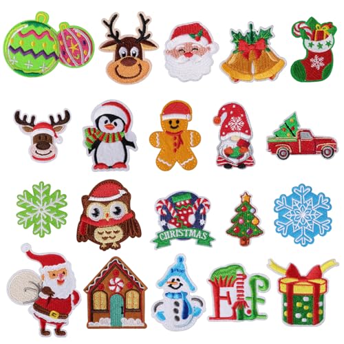 20 Stk Aufnäher zum Aufnähen und Aufbügeln + 1* Nähsets für Weihnachten Weihnachtsmann Applikationen Schneemann Aufbügel Patches Hirsch Aufbügler Schneeflocke Flicken Santa für Jeanskleidung (B) von GEBETTER