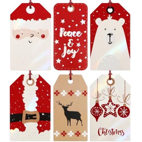 24 Stück 6 Stile Geschenkanhänger Weihnachten Etiketten Weihnachtsmann Elch Weihnachtskugeln Gift Tags Weihnachtsanhänger für Adventskalender Geschenke Anhänger (Rot) von GEBETTER