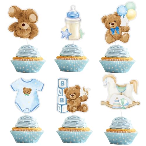 24 Stück Cupcake Topper Babyparty Baby Shower Kuchen Cake Dekoration Taufe Papier Gender Reveal Party Zubehör Kommunion Tortendeko Kuchendekoraion Muffin Deko Tortenstecker Partydeko (Blau) von GEBETTER