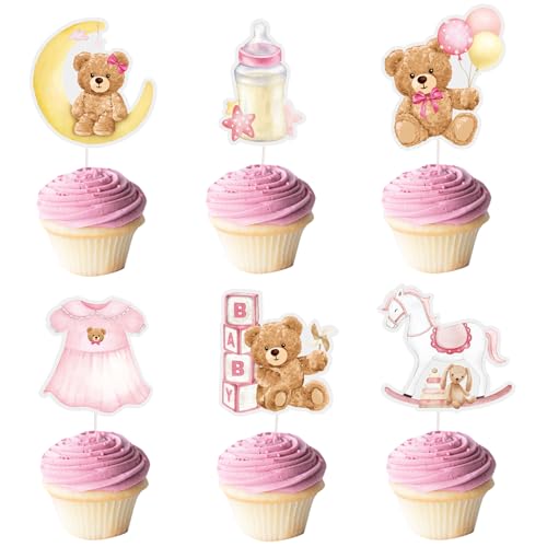 24 Stück Cupcake Topper Babyparty Baby Shower Kuchen Cake Dekoration Taufe Papier Gender Reveal Party Zubehör Kommunion Tortendeko Kuchendekoraion Muffin Deko Tortenstecker Partydeko (Rosa) von GEBETTER