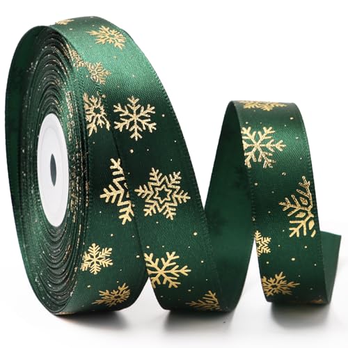 25 Yard Weihnachtsband 2cm breit Geschenkband Satinband Schleifenband Dekoband zum Basteln Band Weihnachten Stoffband Ribbon für Geschenk Weihnachtsbaum Dekoration Weihnachtsdeko (Grün -Schneeflocken) von GEBETTER