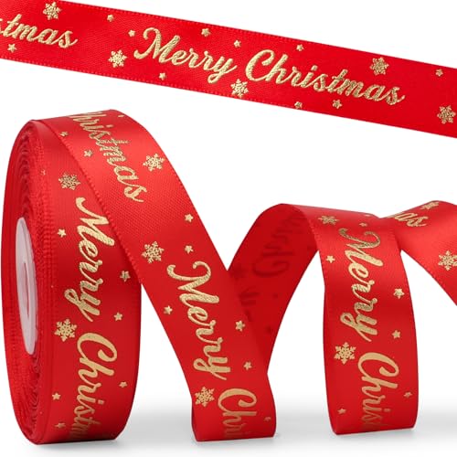 25 Yard Weihnachtsband 2cm breit Geschenkband Satinband Schleifenband Dekoband zum Basteln Band Weihnachten Stoffband Ribbon für Geschenk Weihnachtsbaum Dekoration Weihnachtsdeko (Rot~MerryChristmas) von GEBETTER