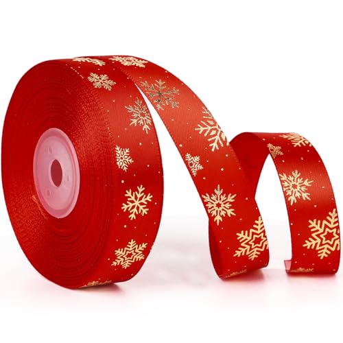 25 Yard Weihnachtsband 2cm breit Geschenkband Satinband Schleifenband Dekoband zum Basteln Band Weihnachten Stoffband Ribbon für Geschenk Weihnachtsbaum Dekoration Weihnachtsdeko (Rot -Schneeflocken) von GEBETTER