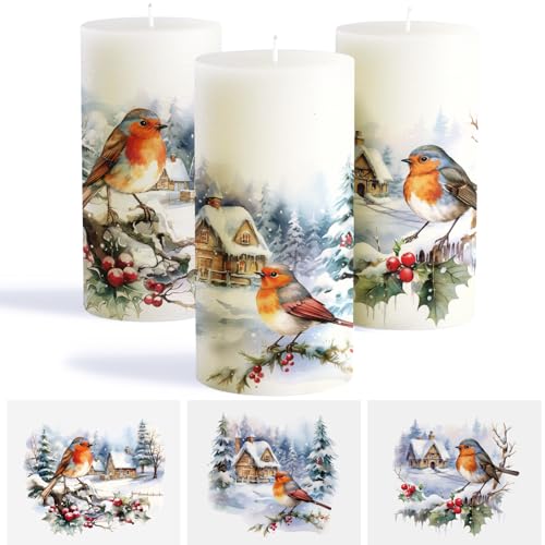 3 Blatt 3 Muster Kerzen Tattoofolie Weihnachten Kerzenfolie Wasserschiebefolie Kerzentattoo Kerzensticker Kerzenaufkleber für DIY Kerzen Tassen Winter Nerjahr Geschenk (Rotkehlchen) von GEBETTER