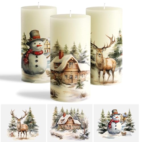 3 Blatt 3 Muster Kerzen Tattoofolie Weihnachten Kerzenfolie Wasserschiebefolie Kerzentattoo Kerzensticker Kerzenaufkleber für DIY Kerzen Tassen Winter Nerjahr Geschenk (Schneelandschaft) von GEBETTER