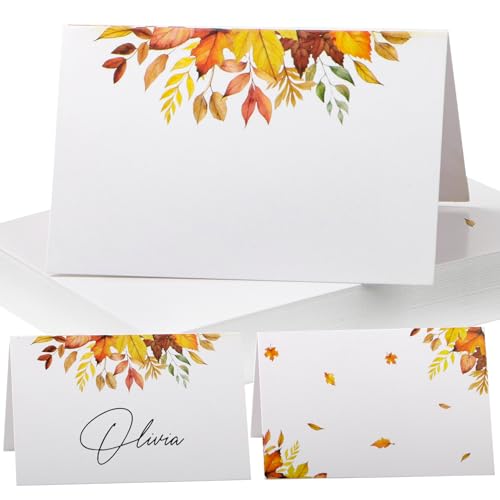 50 Stück Herbst Tischkarten Herbstblätter Herbstdeko 85x55 mm Herbstlaub Tischdekoration Namenskarten zum selbst Beschriften Namensschild Platzkarten für Erntedankfest Hochzeit Geburtstag (Weiß A) von GEBETTER