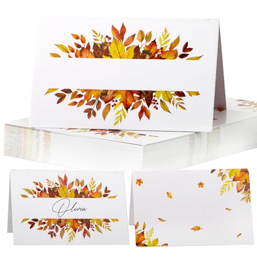 50 Stück Herbst Tischkarten Herbstblätter Herbstdeko 85x55 mm Herbstlaub Tischdekoration Namenskarten zum selbst Beschriften Namensschild Platzkarten für Erntedankfest Hochzeit Geburtstag (Weiß B) von GEBETTER