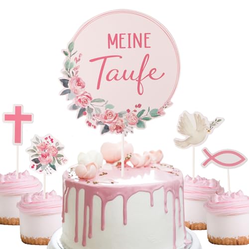 9 Stück meine Taufe Kuchendekoration Taube Fisch Kreuzen Tortendeko Cake Topper Tortenaufsätze Geschenke Muffin Tortentopper für Jungen und Mädchen Konfirmation Party deko (Pink) von GEBETTER