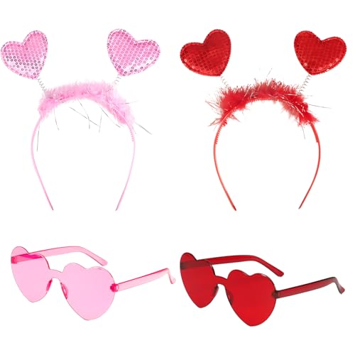 GEBETTER (4pcs) 2 Paar Herz Brille + 2pcs Herz Haarreifen Kostüm Zubehör Herzförmige Partybrille Stirnbänder Love zum Valentinstag Hochzeit Fasching Geburtstagsfeier Junggesellinnenabschied Party von GEBETTER