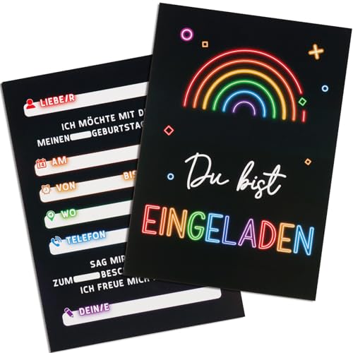 GEBETTER 12 Blatt Neon Regenbogen Einladungskarten zum Kindergeburtstag A6 Geburtstag Party Einladung für Mädchen und Jungen Geburtstagseinladungen Kinder Geburtstagsfeier Kinderparty von GEBETTER