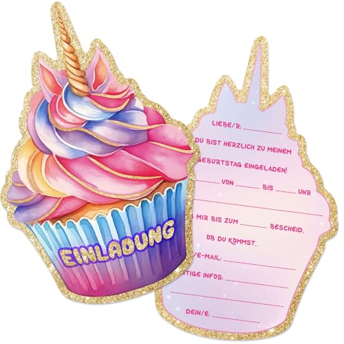 GEBETTER 12 Einhorn Cupcake Einladungskarten zum Kindergeburtstag 15 x 10 cm Geburtstag Party Einladung Einschulung für Mädchen und Jungen Geburtstagseinladungen Kinder Geburtstagsfeier Kinderparty von GEBETTER