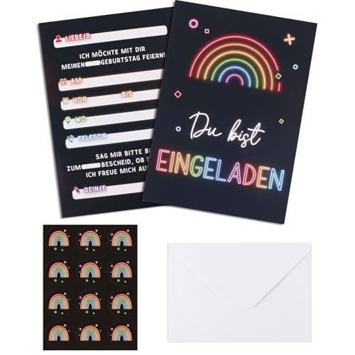 GEBETTER 12 Neon Regenbogen Einladungskarten zum Kindergeburtstag A6 Geburtstag Party Einladung Einschulung für Mädchen und Jungen Geburtstagseinladungen Kinder Geburtstagsfeier Kinderparty von GEBETTER