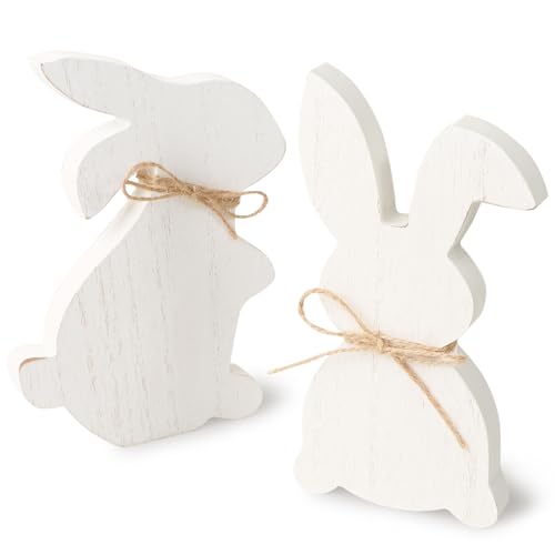 GEBETTER 2 Stück 2 Muster Holzhasen Figuren kleinen 17 cm Deko Hasen Osterhasen Holz Natur Osterdeko zum Hinstellen Geschenk Aufsteller für Ostern Osterdekoration (Weiß) von GEBETTER