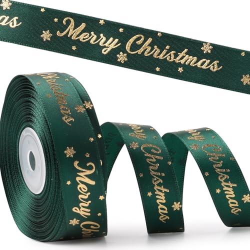 GEBETTER 25 Yard Weihnachtsband 2cm breit Geschenkband Satinband Schleifenband Dekoband zum Basteln Band Weihnachten Stoffband Ribbon für Geschenk Weihnachtsbaum Dekoration Weihnachtsdeko (Grün) von GEBETTER