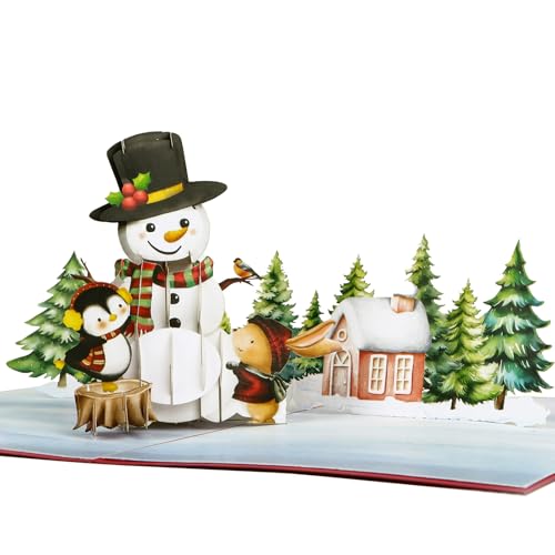 Pop Up Karte Weihnachten 3D Karte Merry Christmas Frohe Weihnachten Weihnachtskarte Geschenkkarte Geschenk Popup Klappkarte Weihnachtsgrußkarte (Rot - Schneemann mit Tiere) von GEBETTER