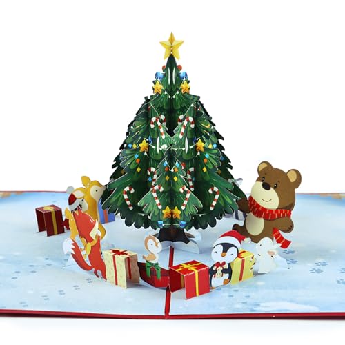 Pop Up Karte Weihnachten 3D Karte Merry Christmas Frohe Weihnachten Weihnachtskarte Geschenkkarte Geschenk Popup Klappkarte Weihnachtsgrußkarte (Rot - Weihnachtsbaum mit Tiere) von GEBETTER