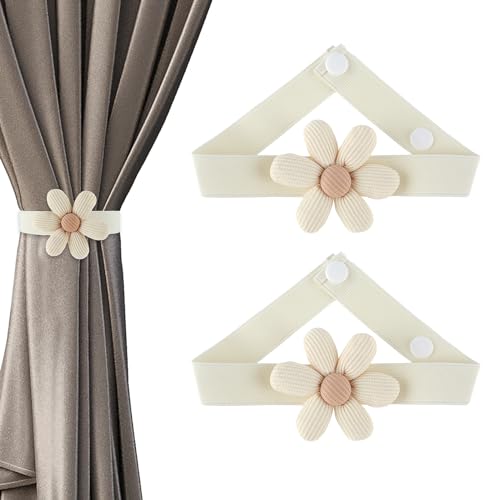 GEEHUA 2 Stück Blumen Vorhang Raffhalter, Süße Boho Dekorative Blumen Gardinen Raffhalter, Seil Vorhangschnallen mit verstellbaren Riemen für Fensterbehandlung Innen und Außenbereich(Beige) von GEEHUA