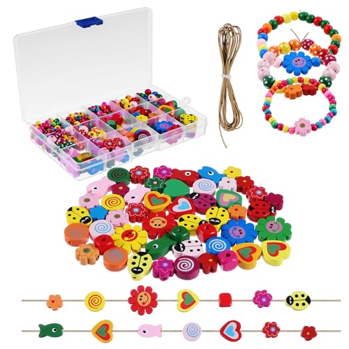 GEEHUA 400 Stück Perlen Für Armbänder, 11 Arten Bunte Perlen Set Kinder Perlenset Perlen Zum Auffädeln Holzperlen Bunt Armbänder Selber Machen Set Handwerk Bunte Holzperlen für DIY von GEEHUA