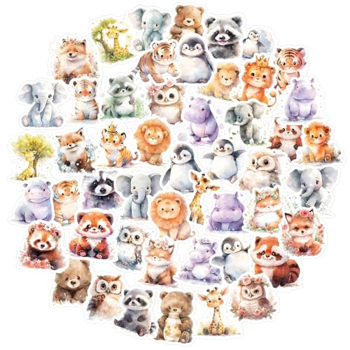 GEEHUA 50 Stück Süße Tiere Aufkleber Kinder, Aquarell Niedliches Kawaii Safari Sticker, ästhetische Wasserfest Selbstklebend Cartoon Tier Aufkleber für Laptop, Scrapbook, Wasserflasche von GEEHUA