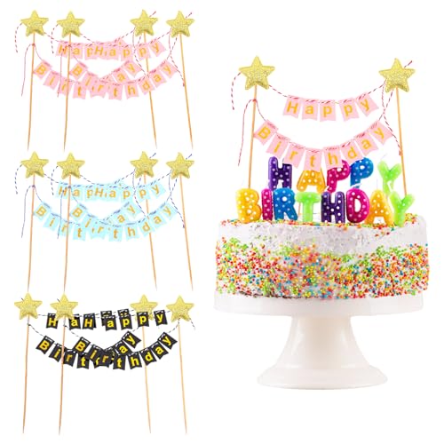 GEEHUA 6 Sets Happy Birthday Tortendeko Kuchenaufsatz, Happy Birthday Cake Topper Cupcake Topper Girlande Geburtstag Wimpelkette Banner Kuchenaufsätze Goldene Sternflagge für Jungen und Mädchen von GEEHUA