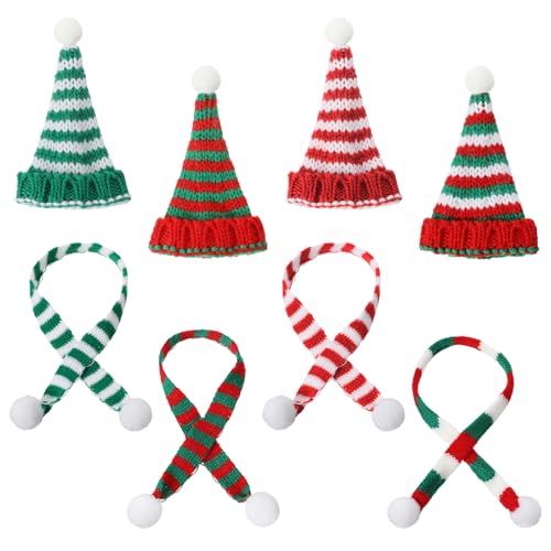 GEEHUA 8 Stück Mini Weihnachtsmütze und Mini Schal, Weihnachts Mini Strick Puppen Mütze Schal zum Basteln kleine Weihnachtsmann Strickmütze Schneemann Schal für DIY Basteln kleine Weinflasche Elfe von GEEHUA