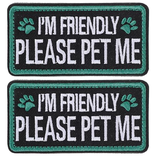 GEEHUA Hunde-Patches mit Aufschrift "I'm Friendly Please Pet Me", mit Hakenrückseite, für Service-Tierwesten, Geschirre, 2 Stück von GEEHUA