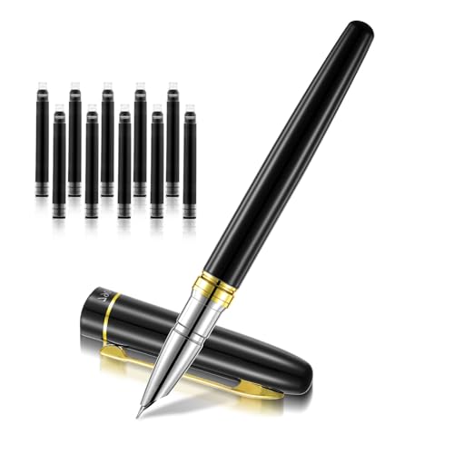 GEEHUA Luxus Füllfederhalter Set, 0.38 mm Extrafeine Spitze Glatter Schreibstift Git 10 Schwarzen Tintenpatronen Tintennachfüllkonverter Schwarzer Metall Füllfederhalter Schöner Business Stift von GEEHUA