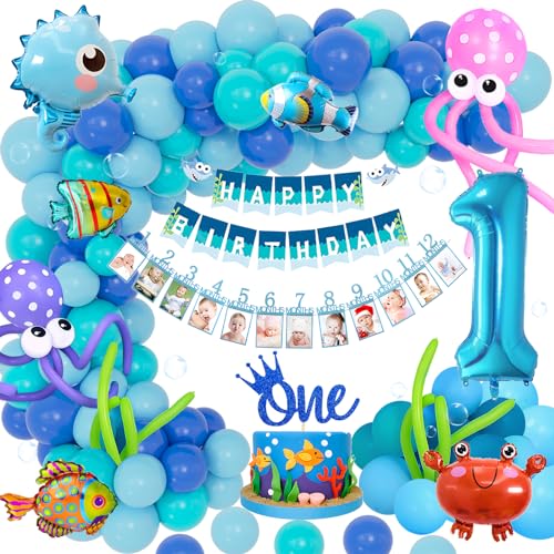 Geburtstagsdeko 1 Jahr Junge, Deko 1. Geburtstag Junge Mädchen, Deko Unterwasserwelt Kindergeburtstag 1 Jahr, Luftballons Meerestiere, Blau Monat Foto Banner für Erster Geburtstag Party Deko von GEEKEO