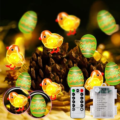 3M Osterdeko LED Lichterkette, Ostern Lichterkette Batterie Timer- 30er Küken-Ostereier Micro Lichterkette mit 8 Modi, Warmweiß Ostern Lichterkette Innen außen für Tischdeko Ostern,Balkon,Garten von GEEKEO