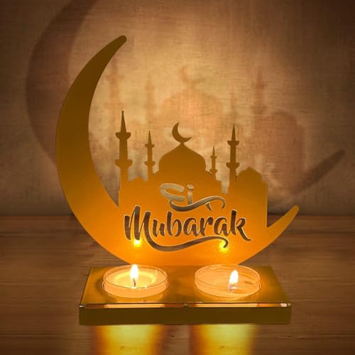 Eid Mubarak Dekoration Ramadan Deko - Ramadan Laterne Metall Acryl Teelichthalter Dekoration mit 2 DIY Kerzen Lampe, Eid Mubarak Kareem Verzierung für Radaman Muslimische Festival Zu Hause Geschenke von GEEKEO