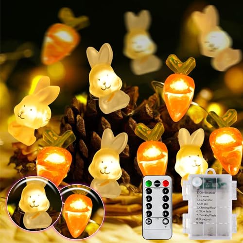 GEEKEO 3M 30er LED Osterdeko Lichterkette, Ostern Lichterkette Batterie Timer- Hasen-Karotten Micro Lichterkette mit 8 Modi, Lichterkette Innen Batteriebetrieb für Tischdeko Ostern,Balkon,Garten von GEEKEO